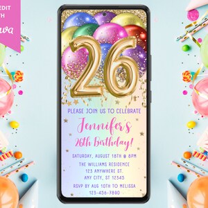 Digital 26th Birthday Party Rainbow Balloons Invitation, Electronic Mobile Phone Text Message Evite, Editable Template, Instant Download