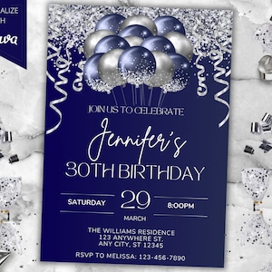 Editable Blue Silver Glitter Balloons Birthday Party Invitation, Printable Card and Phone Text Evite, Editable Template, Instant Download