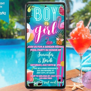 Digital Boy or Girl Gender Reveal Tropical Pool Party Invitation, Summer Couples Shower, Phone Evite, Editable Template, Instant Download