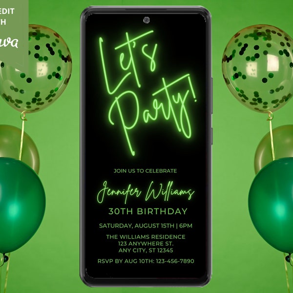 Digital Let's Party Green Neon Birthday Party Invitation, Electronic Paperless Phone Text Email Evite, Editable Template, Instant Download