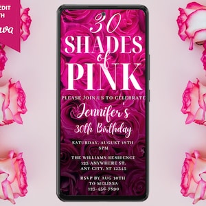 Digital Any Age Shades of Pink Hot Pink Floral Roses Birthday Party Invitation, Electronic Phone Evite, Editable Template, Instant Download