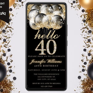 Digital Hello 40 Forty Birthday Party Invitation, Electronic Phone Text Message Evite, Black Gold, Editable Template, Instant Download