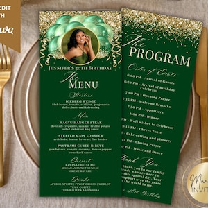 Editable Glam Green Gold Glitter Balloons Menu Program and Thank You Photo Card, Birthday Graduation Party Decor, Printable Canva Template