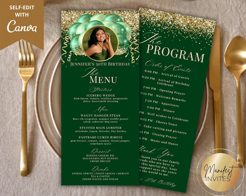 Grad Balloon Menu Editable Glam Green Gold Glitter Balloons Menu Program and Thank You ...