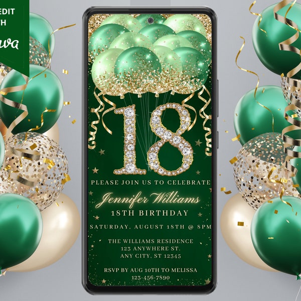 Digital 18th Birthday Party Green Gold Diamond Glitter Balloons Invitation, Electronic Phone Text Evite, Editable Template, Instant Download