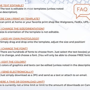 May include: A white background with a list of frequently asked questions (FAQ) about using a template. The text includes questions about editing text, adding photos, changing fonts, and printing the template. The FAQ is written in a conversational tone and provides helpful information for users.