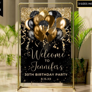 Printable Black Gold Glitter Balloons Welcome Sign, Birthday Party Sign, Graduation Sign, Entrance Sign, Editable Template, Instant Download