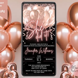 Sie hat es geschafft Abschlussfeier Einladung, Neon Pink Rose Gold Glitter Glam Ballons, Text Evite, bearbeitbare Vorlage, Sofort Download