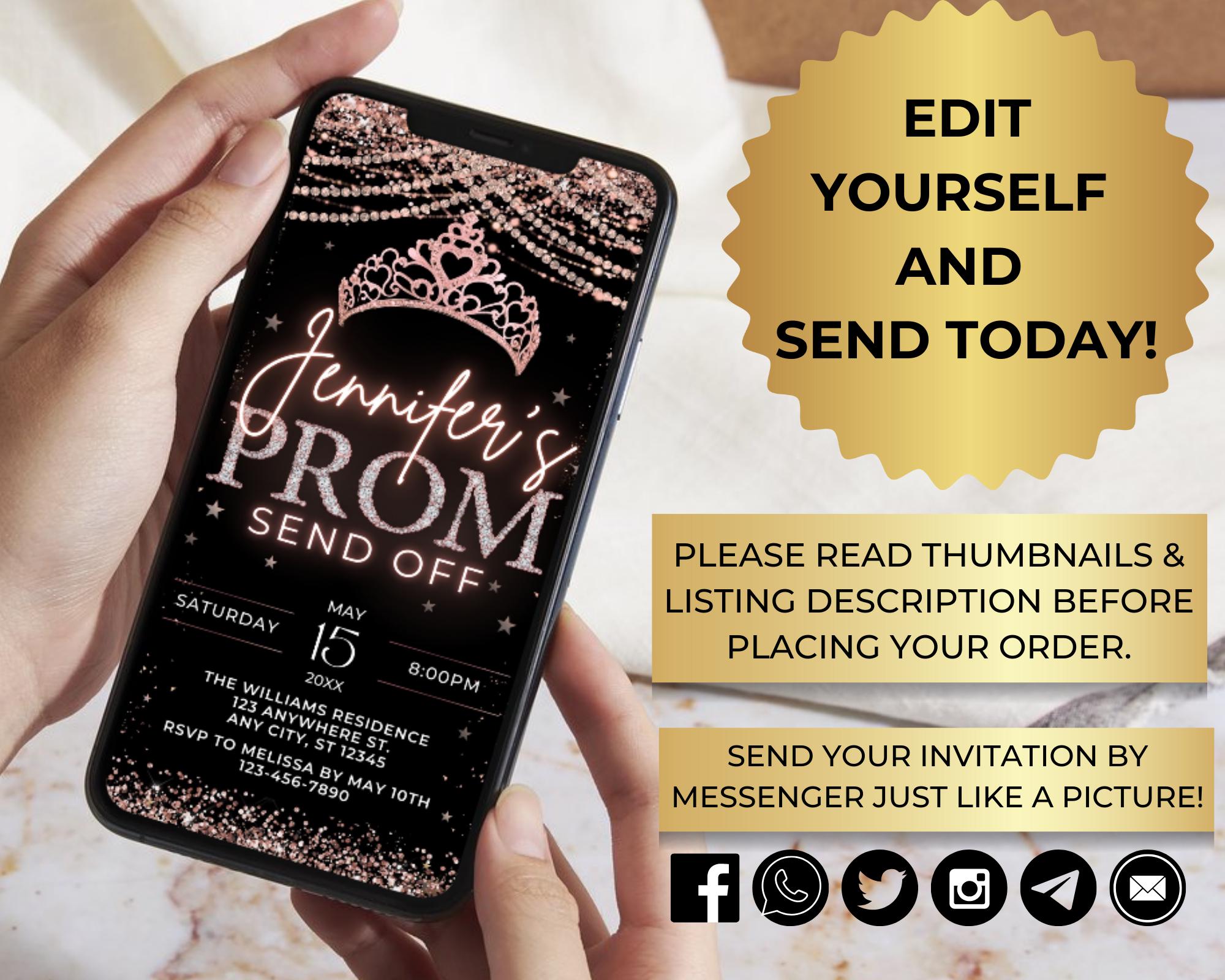 Prom Sign Phone Digital Prom Send off Rose Gold Diamonds Party Glam Invitation, Prom ...