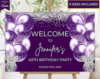 Editable Purple Silver Balloons Birthday Welcome Sign, Printable Birthday Sign, Birthday Poster, Decor, Editable Template, Instant Download
