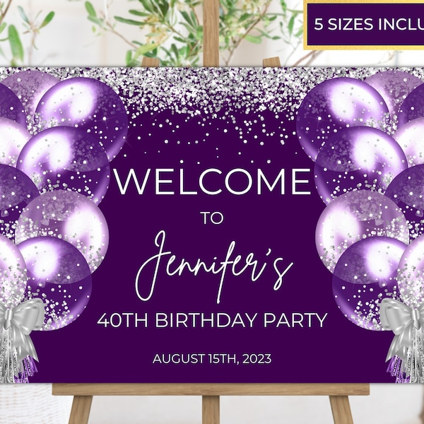 Editable Purple Silver Balloons Birthday Welcome Sign, Printable Birthday Sign, Birthday Poster, Decor, Editable Template, Instant Download