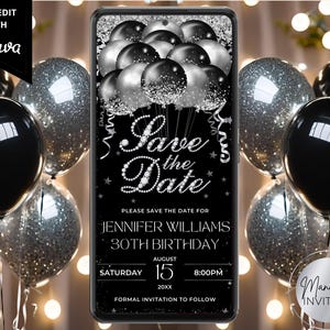 Digital Black Silver Balloons Diamond Glam Save The Date Invitation, Birthday Graduation, Text Evite, Editable Template, Instant Download