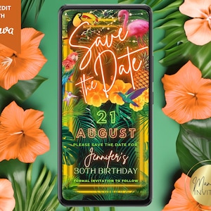 Digital Tropical Orange Neon Save the Date Geburtstagsparty Einladung, Sommerparty, Telefon Text Evite, bearbeitbare Vorlage, Sofort Download