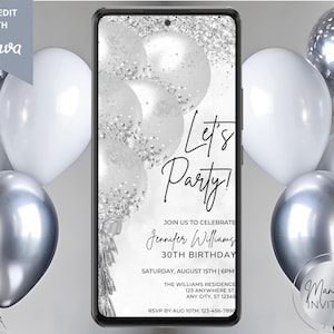 Electronic Let&#39;s Party White Silver Balloons Birthday Party Invitation, Digital Phone Text Email Evite, Editable Template, Instant Download