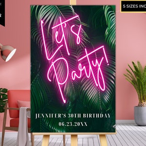 Editable Tropical Let&#39;s Party Birthday Welcome Sign, Printable Sign, Pink Neon Palm Tree, Poster Decor, Editable Template, Instant Download