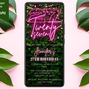 Digital 27th Birthday Party Invitation, Electronic Phone Text Message Email Evite, Pink Neon Greenery, Editable Template, Instant Download