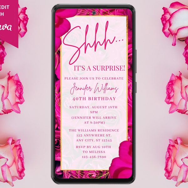 Digital Surprise Birthday Party Invitation, Electronic Text Evite, Shhh Surprise, Hot Pink Floral, Self-Edit Template, Instant Download