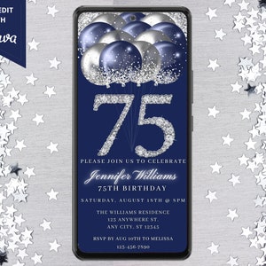 Digitale Einladung zum 75. Geburtstag Marineblau Silber, elektronische Textnachricht Evite, Diamanten Luftballons, selbst bearbeitende Vorlage, Sofortiger Download