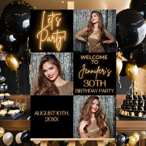 Puede incluir: Decoraci&oacute;n de fiesta con tem&aacute;tica negra y dorada. El letrero dice "Let's Party!" en ne&oacute;n dorado. El letrero tambi&eacute;n dice "Welcome to Jennifer's 30th Birthday Party" y "August 10th, 20XX". Tambi&eacute;n se ven globos y postres negros y dorados.
