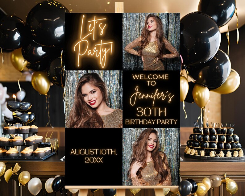 Puede incluir: Decoraci&oacute;n de fiesta con tem&aacute;tica negra y dorada. El letrero dice "Let's Party!" en ne&oacute;n dorado. El letrero tambi&eacute;n dice "Welcome to Jennifer's 30th Birthday Party" y "August 10th, 20XX". Tambi&eacute;n se ven globos y postres negros y dorados.
