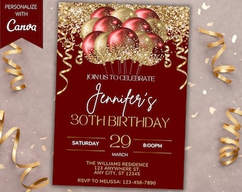 Editable Red Gold Glitter Balloons Birthday Party Invitation, Printable Card and Phone Text Evite, Editable Template, Instant Download