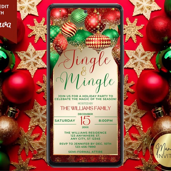 Digital Elegant Jingle and Mingle Christmas Holiday Party Invitation, Red Green Gold Ornaments, Evite, Editable Template, Instant Download