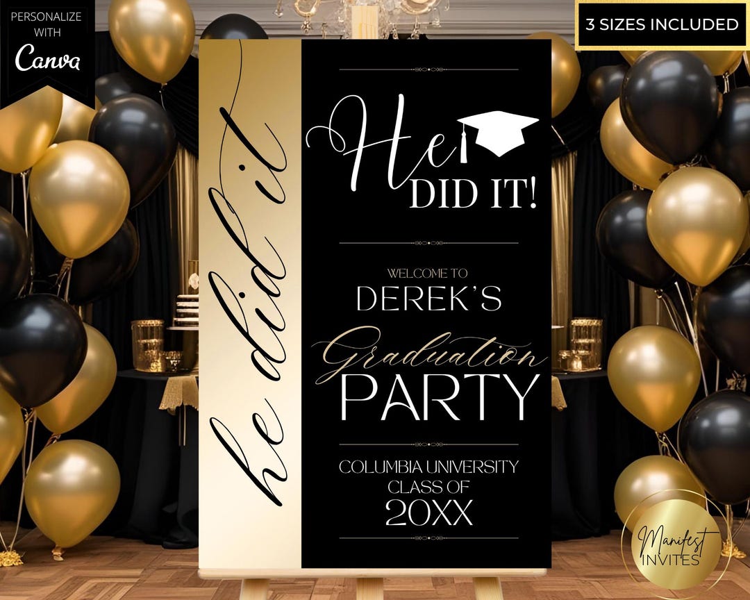 Editable Modern He Did It Men's Graduation Party Welcome Sign, Luxury ...