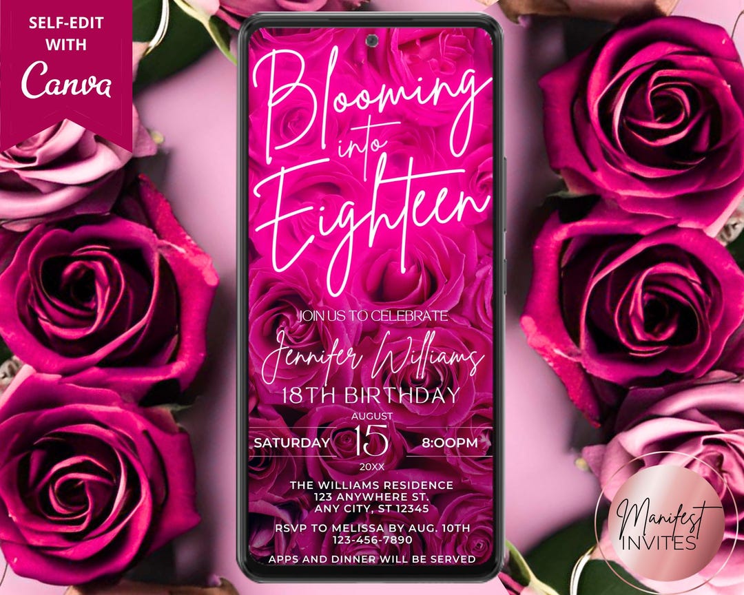 18th Roses Design Digital Blooming Into Eighteen 18th Birthday Invitation, Glam Hot Pink ...