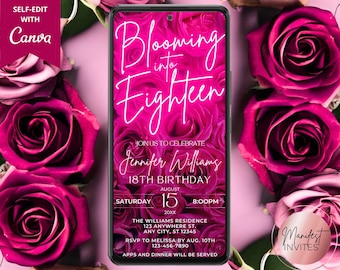 Digital Blooming into Eighteen 18th Birthday Invitation, Glam Hot Pink Floral Roses Milestone Party, Phone Evite, Editable Canva Template