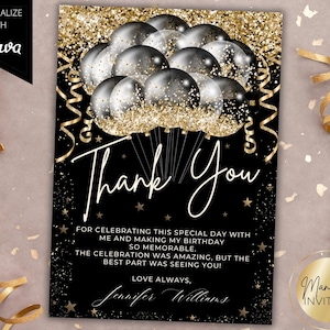 Bearbeitbare elegante Schwarzgoldballons Glam Dankeskarte, druckbare Dankeskarte, Geburtstagsabschluss, bearbeitbare Vorlage, sofortiger Download
