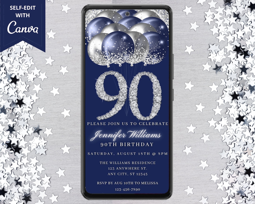 Digital 90th Birthday Navy Blue Silver Invitation, Electronic Text ...