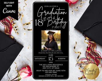 Digital Modern Graduation and Birthday Party Photo Invitation, Elegant Double Event Celebration, 2 Party Invite, Editable Canva Template