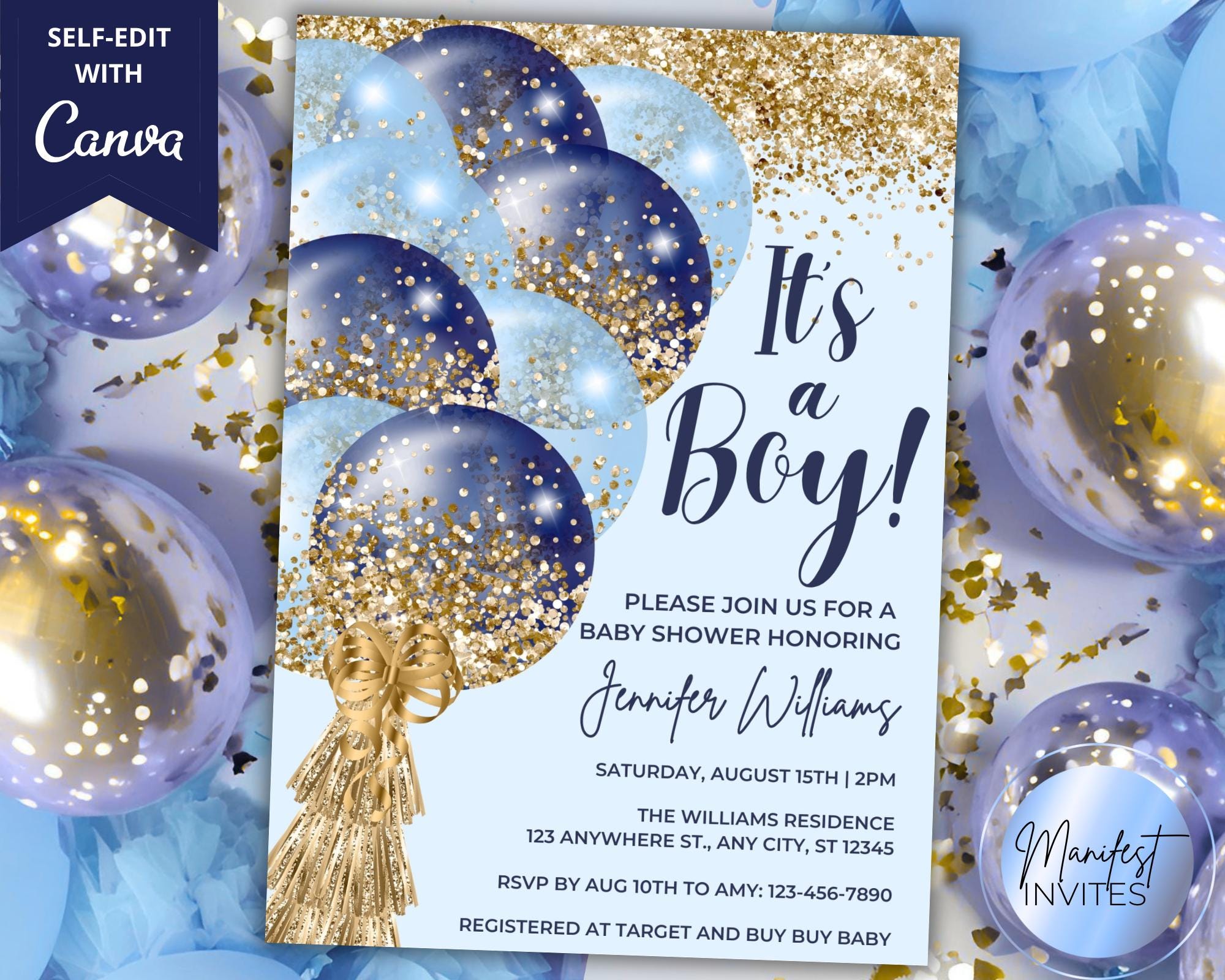 Editable It's a Boy Navy Blue Gold Glitter Balloons Baby Shower ...