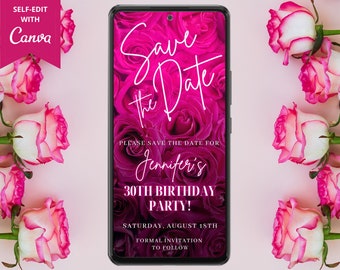 Digital Hot Pink Floral Roses Birthday Save the Date Invitation, Electronic Phone Text Message Evite, Editable Template, Instant Download