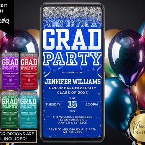 Digital Neon Graduation Party Invitation, Silver Glitter, High School College Grad Party, Text Evite, Editable Template, Instant Download