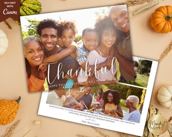 Tarjeta fotográfica editable con saludos de Acción de Gracias para la familia, minimalista y agradecida, para otoño, para imprimir y digitalizar, plantilla editable, descarga instantánea