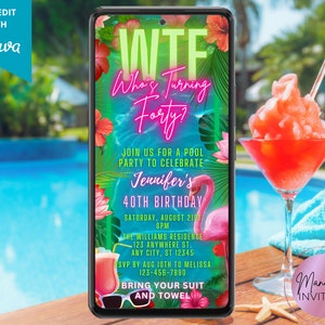 May include: A digital invitation for a pool party to celebrate a 40th birthday. The invitation features a tropical theme with a flamingo, palm trees, and a swimming pool. The text on the invitation reads "WTF Who's Turning Forty?" and includes the date, time, and location of the party. The invitation also includes the text "Bring your suit and towel".