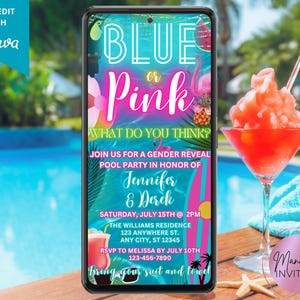 Digital Blue or Pink Gender Reveal Tropical Pool Party Invitation, Summer Couples Shower, Phone Evite, Editable Template, Instant Download