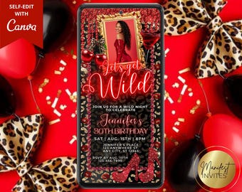 Digital Let's Get Wild Cheetah Cherry Birthday Party Photo Invitation, Girls Night Out, Leopard Diamond and Martini, Editable Canva Template
