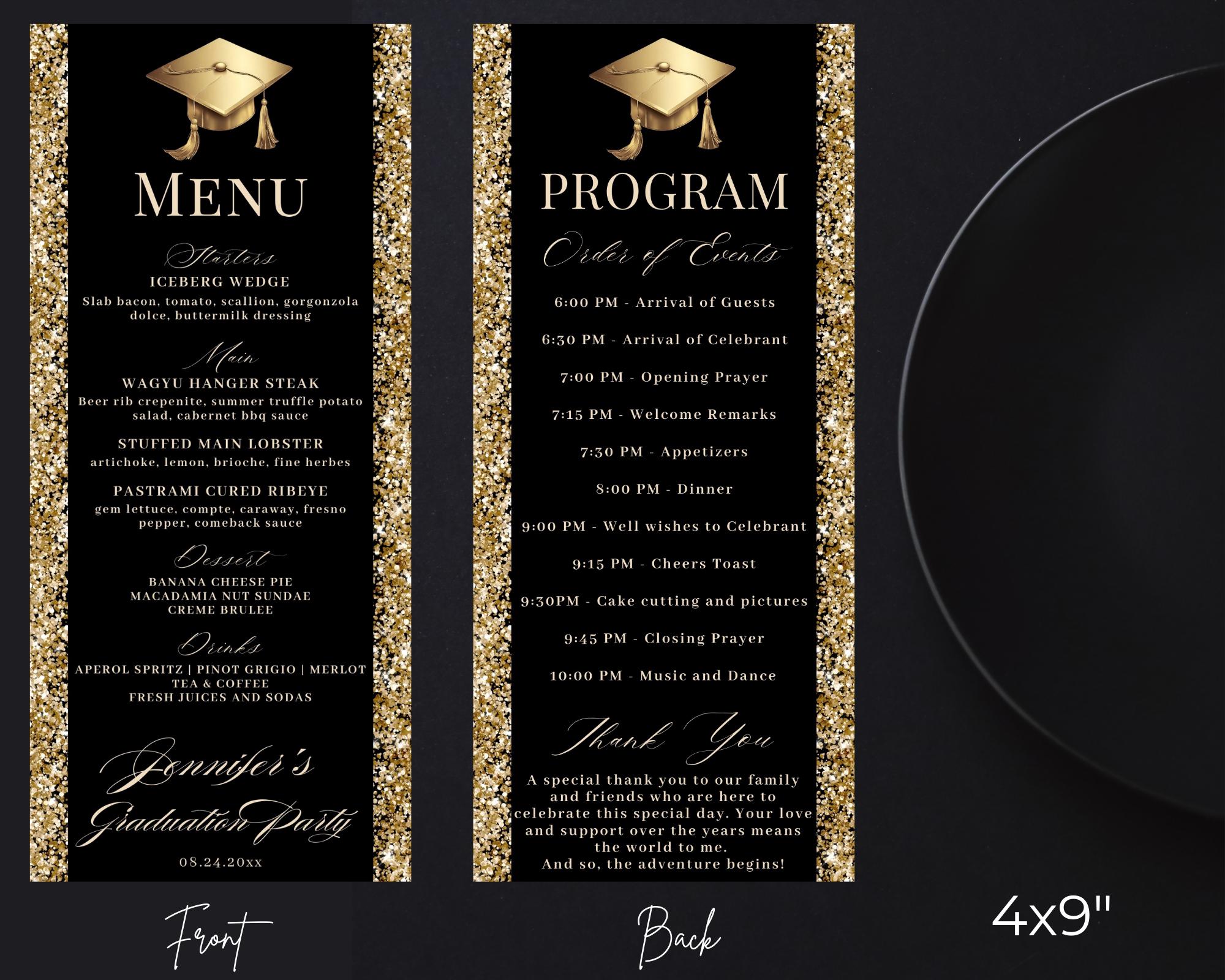 Graduation Puple Menu Card Editable Modern Graduation Black Gold Dinner Menu Card and Program ...
