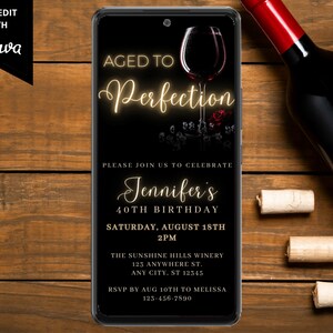 Digital Winery Birthday Party Invitation, Electronic Phone Text Evite, Aged To Perfection, Wine Tasting, Editable Template, Instant Download