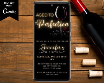 Digital Winery Birthday Party Invitation, Electronic Phone Text Evite, Aged To Perfection, Wine Tasting, Editable Template, Instant Download