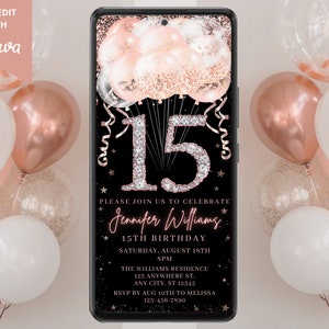 Invitación digital de fiesta de globos de diamantes de oro rosa rosa de 15 cumpleaños, teléfono electrónico Evite, plantilla editable, descarga instantánea, RGB3