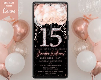 Invitación digital de fiesta de globos de diamantes de oro rosa rosa de 15 cumpleaños, teléfono electrónico Evite, plantilla editable, descarga instantánea, RGB3