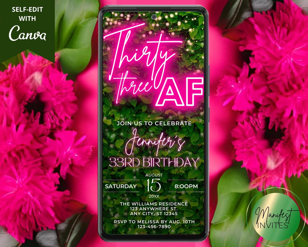 Digital 33 AF 33rd Birthday Party Invitation, Trendy Pink Neon Greenery ...