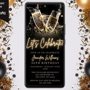 Digital Champagne Let's Celebrate Birthday Invitation, Electronic Phone Text Email Evite, Black Gold, Editable Template, Instant Download