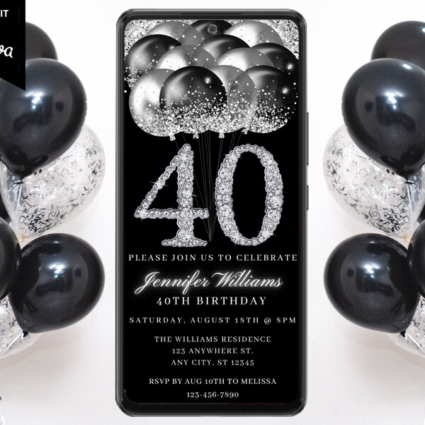 Digital 40th Birthday Black Silver Invitation, Electronic Text Message Evite, Diamond Glitter Balloons, Self-Edit Template, Instant Download