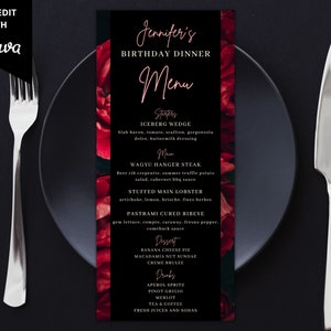 Editable Birthday Dinner Menu Card, Printable Birthday Dinner and Drink Menu Card, Red Floral Roses, Editable Template, Instant Download image 1
