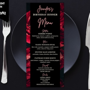 Bearbeitbare Geburtstagsmenükarte für das Abendessen, druckbare Menükarte zum Geburtstag, rote Blumenrosen, sofortiger Download, DR90