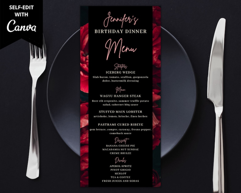 Editable Birthday Dinner Menu Card, Printable Birthday Dinner and Drink Menu Card, Red Floral Roses, Editable Template, Instant Download image 1